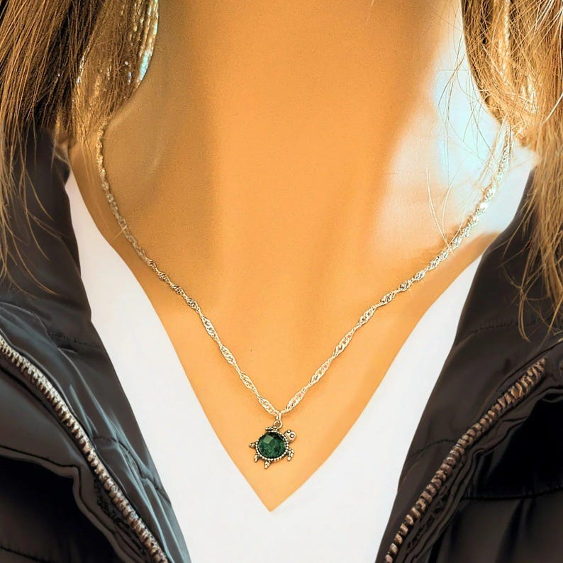 Multi Faceted CZ Turtle Necklace, Sterling Silver - 20 inch - - LadybugfeetDesigns -