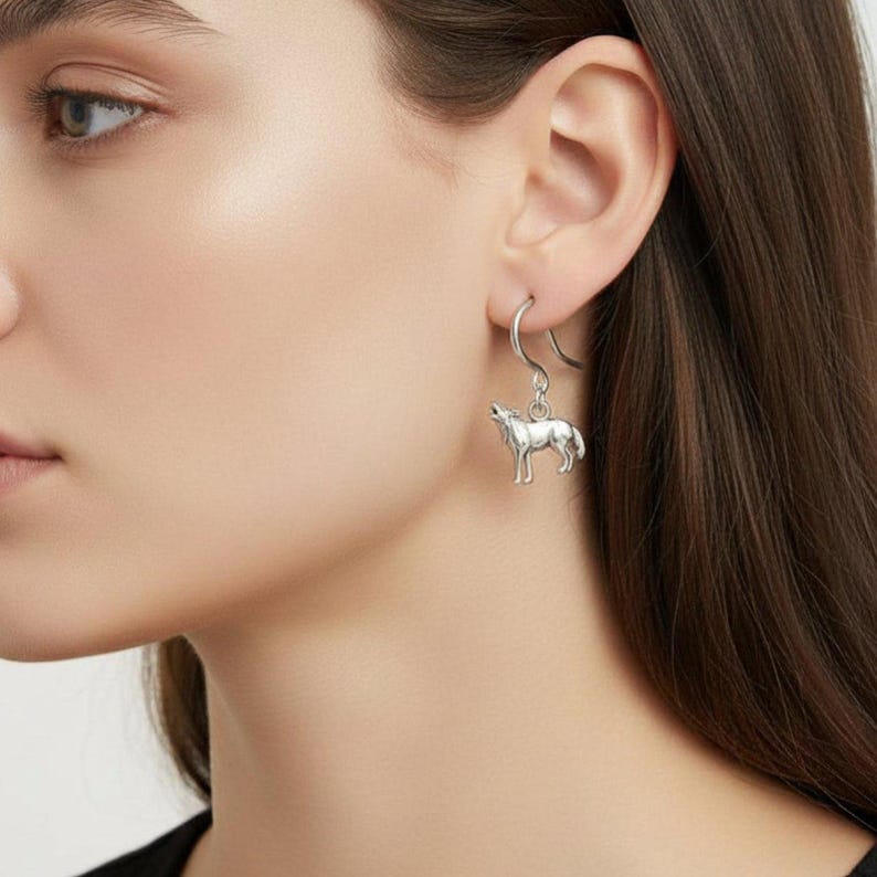 Howling Wolf Hook Earrings, Silver - - LadybugfeetDesigns -