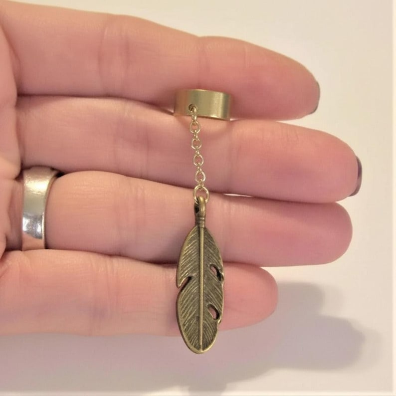 Feather Ear Cuff, Antique Bronze - - LadybugfeetDesigns -