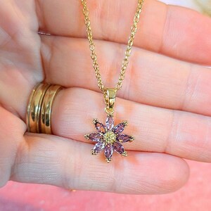 Purple CZ Flower necklace, Gold - 20 inch - - LadybugfeetDesigns -