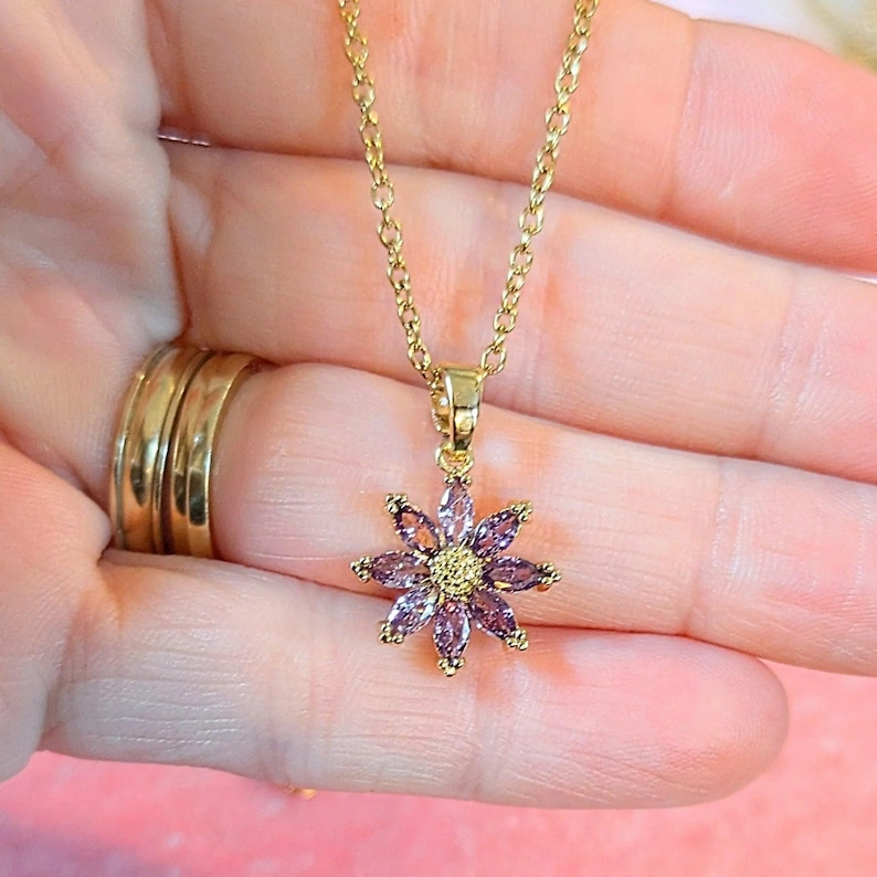 Purple CZ Flower necklace, Gold - 20 inch - - LadybugfeetDesigns -