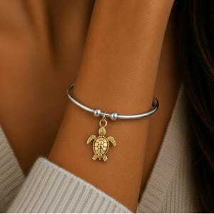 Two Tone Sea Turtle Euro Bangle Cuff, Silver - - LadybugfeetDesigns -