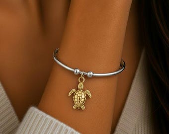 Two Tone Sea Turtle Euro Bangle Cuff, Silver