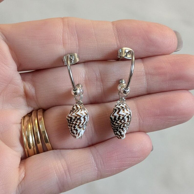 Genuine Conch Shell II Hoop Earrings, Silver - 16mm - - LadybugfeetDesigns -