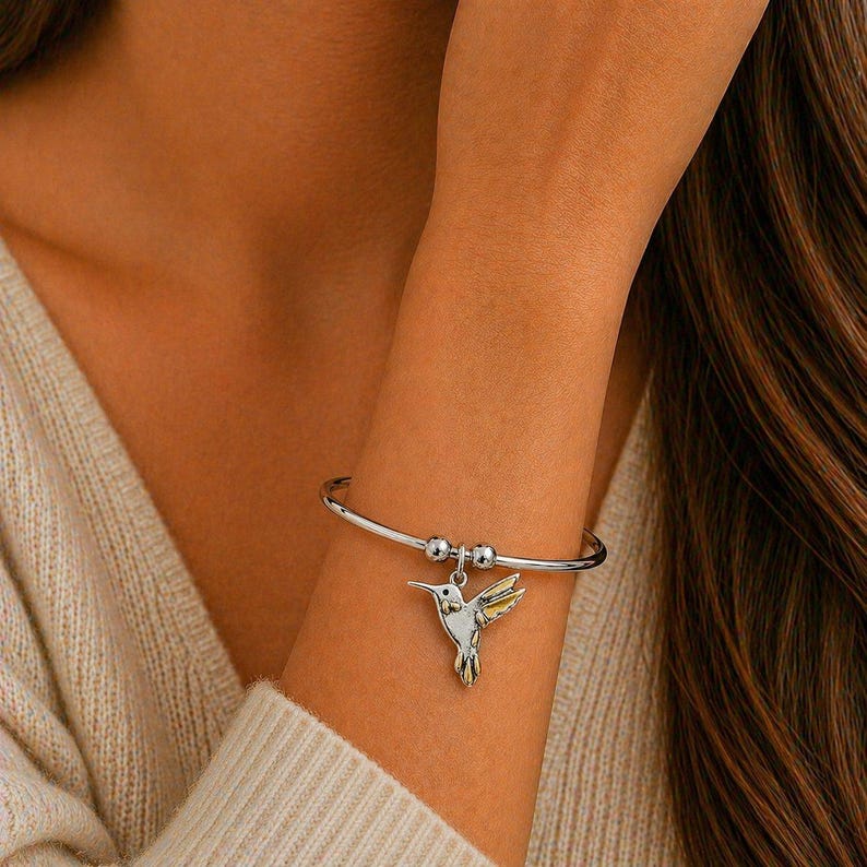 Hummingbird Euro Bangle Cuff, Silver - - LadybugfeetDesigns -