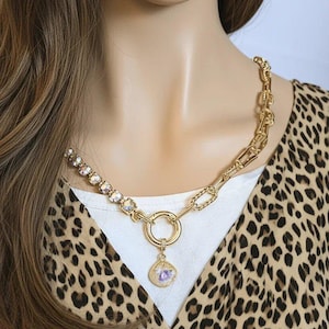 Crystal & Gold Snap Ring Necklace, Gold - 24 inch - - LadybugfeetDesigns -