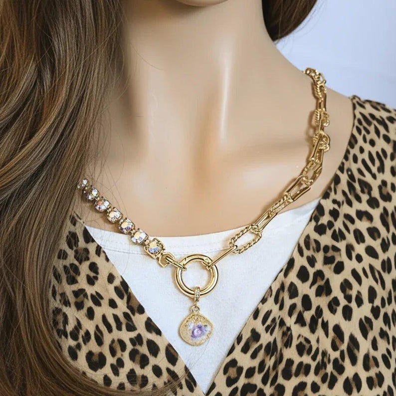 Crystal & Gold Snap Ring Necklace, Gold - 24 inch - - LadybugfeetDesigns -