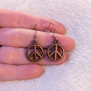Peace SIgn dangle earrings, Copper/Rose Gold - - LadybugfeetDesigns -