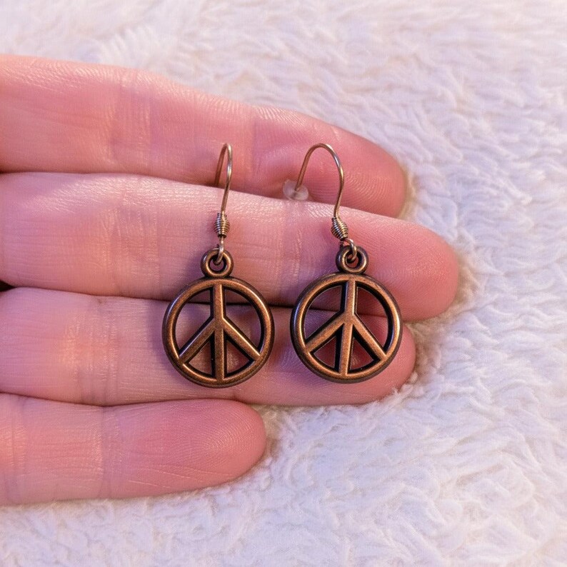 Peace SIgn dangle earrings, Copper/Rose Gold - - LadybugfeetDesigns -