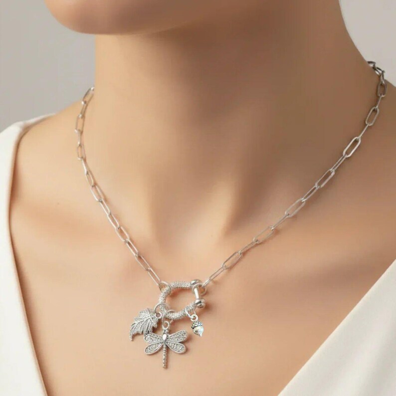 Forest Friends Dragonfly Shackle Clasp Carabiner Necklace, Silver - Adjusts up to 20 inches - - LadybugfeetDesigns -