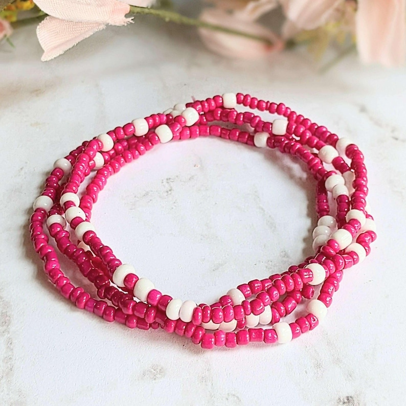 Beaded Stretch Cord Anklet-Fuchsia - - LadybugfeetDesigns -