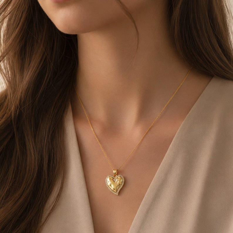 Textured Heart necklace, Gold - 20 inch - - LadybugfeetDesigns -