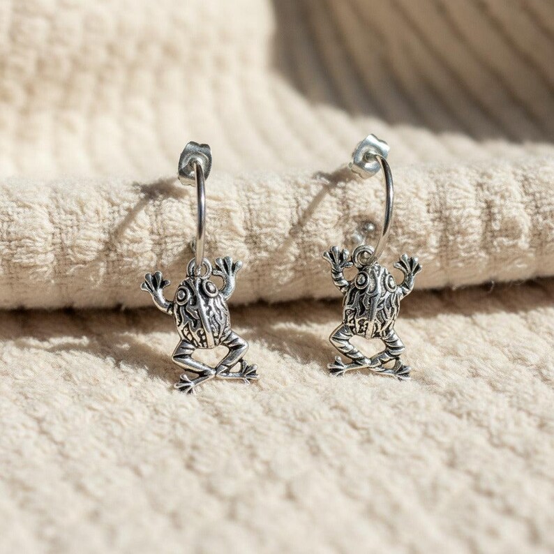Fancy Frog Hoop Earrings, Silver - 16mm - - LadybugfeetDesigns -