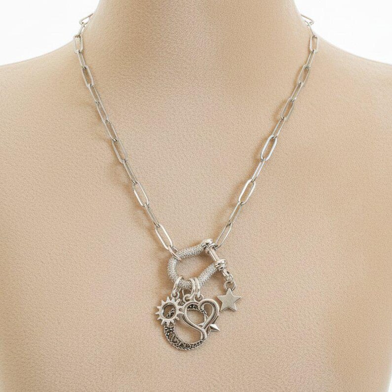 Celestial Crescent Moon and Heart Shackle Clasp Carabiner Necklace, Silver - Adjusts up to 20 inches - - LadybugfeetDesigns -