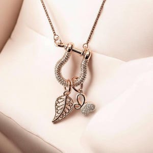 Leaf Butterfly Shackle Clasp Carabiner Charm Necklace, Rose-Gold - Adjustable up to 24 inches - - LadybugfeetDesigns -