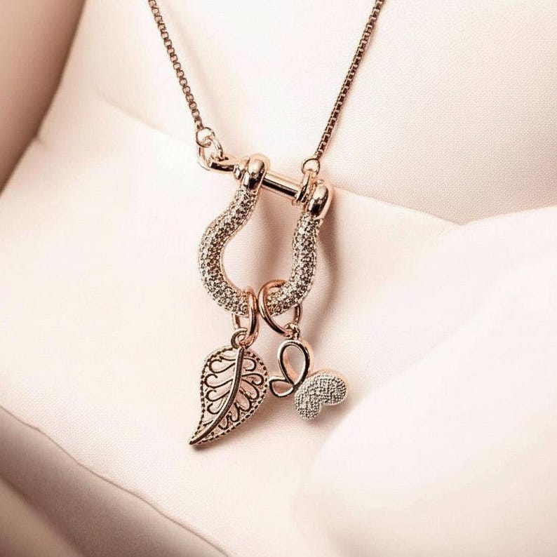 Leaf Butterfly Shackle Clasp Carabiner Charm Necklace, Rose-Gold - Adjustable up to 24 inches - - LadybugfeetDesigns -