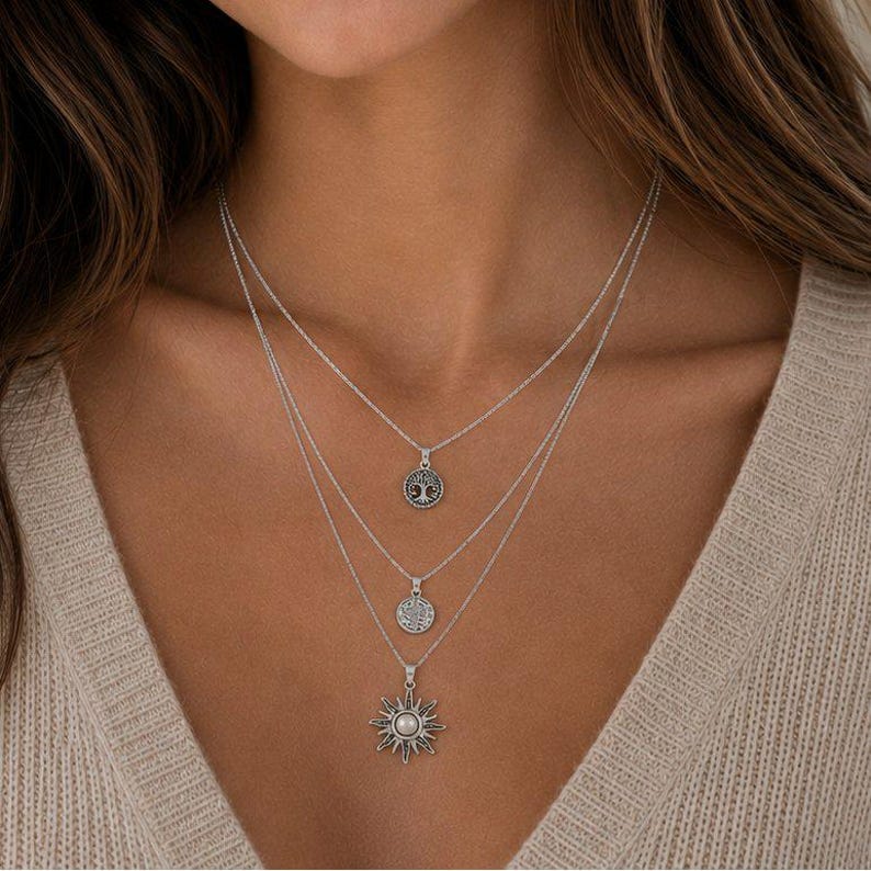 Energy, Power, Positivity Layered Necklace Set, Silver - - LadybugfeetDesigns -