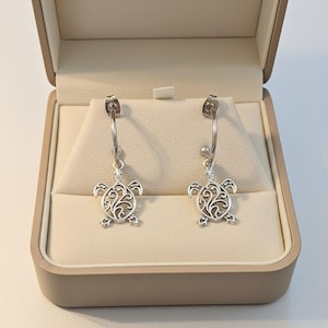 Sea Turtle Hoop Earrings, Silver - 16mm - - LadybugfeetDesigns -