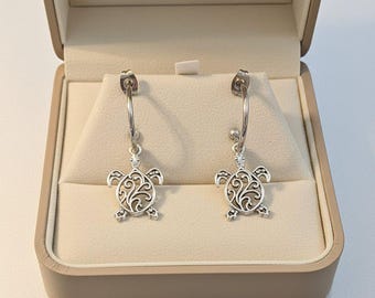 Sea Turtle Hoop Earrings, Silver - 16mm