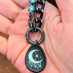 Black and Crystal Crescent Moon Snap Ring Necklace - 24 inch - - LadybugfeetDesigns -