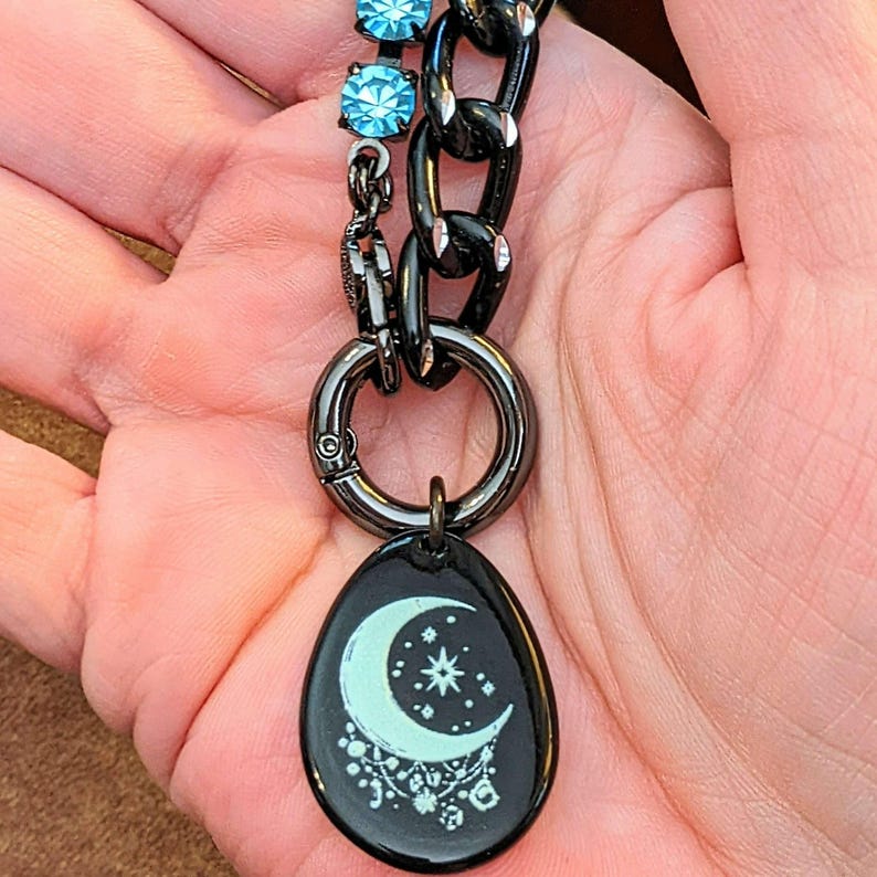 Black and Crystal Crescent Moon Snap Ring Necklace - 24 inch - - LadybugfeetDesigns -