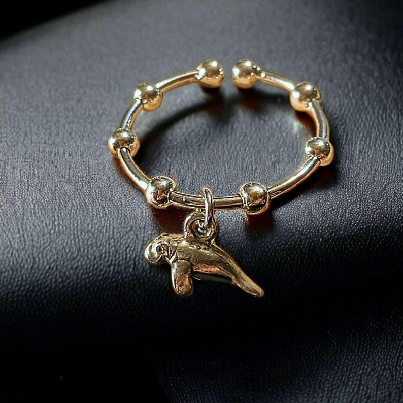 Sterling Silver Manatee Adjustable Charm Ring - - LadybugfeetDesigns -