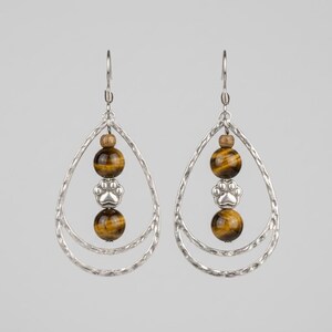 Dog/Cat Paw Tiger's eye Hammered Teardrop Hook Earrings, Silver - - LadybugfeetDesigns -