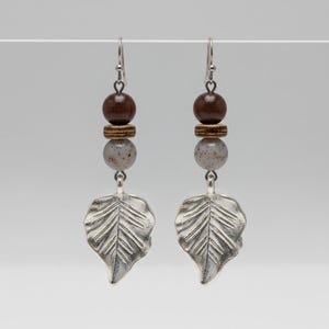 Large Leaf Tourmaline Hook Earrings, Silver - - LadybugfeetDesigns -