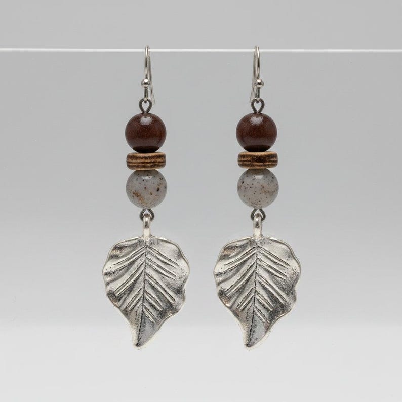 Large Leaf Tourmaline Hook Earrings, Silver - - LadybugfeetDesigns -