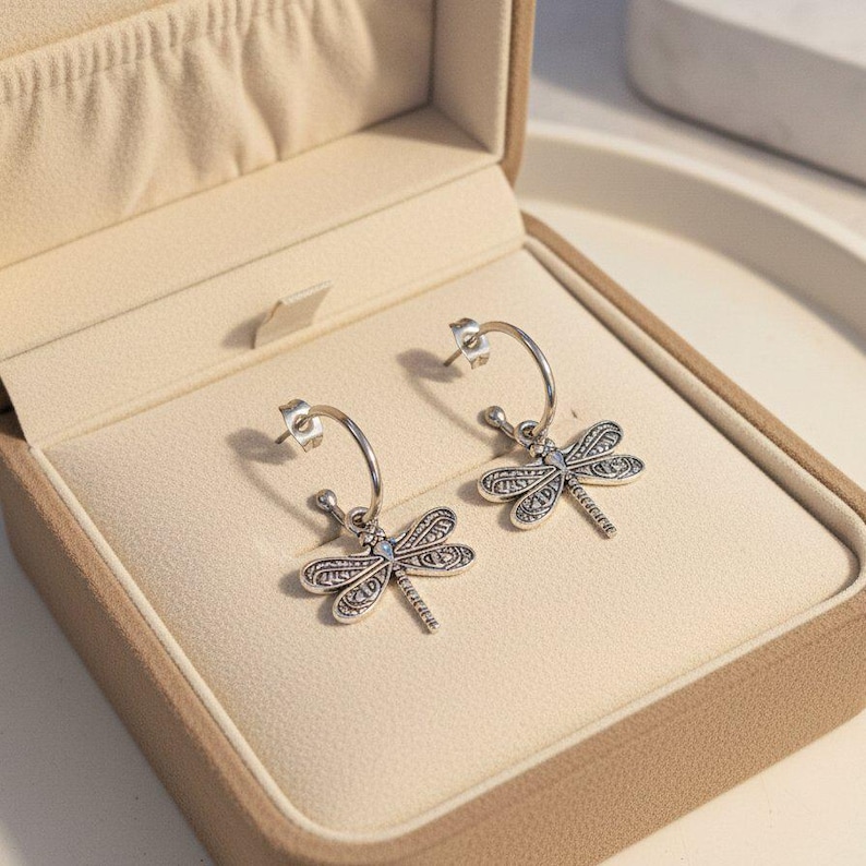 Dragonfly Hoop Earrings, Silver - 16mm - - LadybugfeetDesigns -