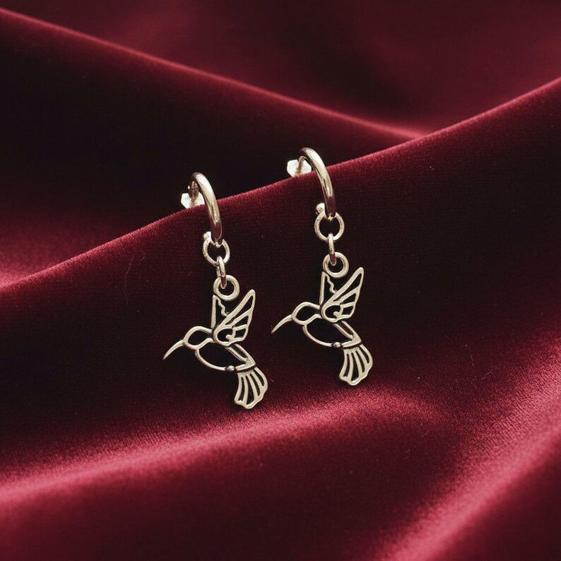 HUMMINGBIRD Sterling Hoop Earrings, Hoop Drop - - LadybugfeetDesigns -