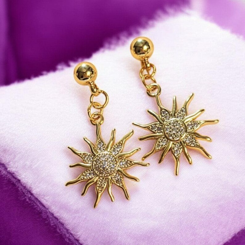 Fiery Sun Charm Drop Stud Earrings-Gold - - LadybugfeetDesigns -