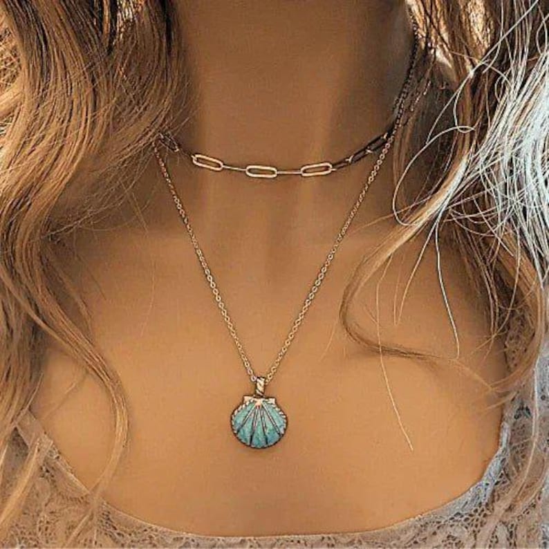 Blue Scallop Shell necklace set, Gold - - LadybugfeetDesigns -
