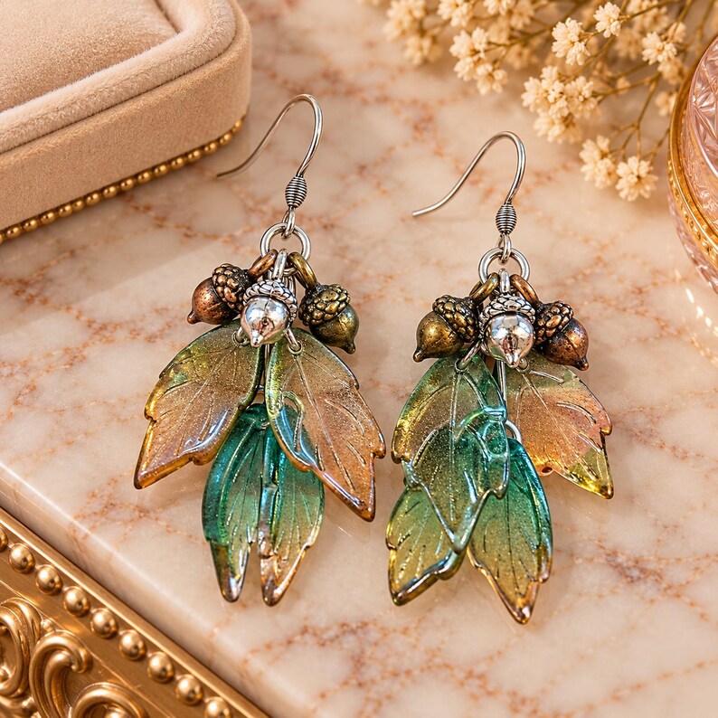 Acorn Leaf Cluster Hook Earrings, Silver - - LadybugfeetDesigns -