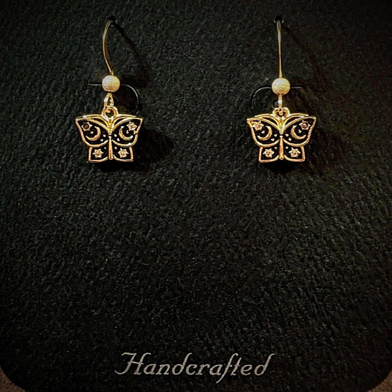 Celestial Butterfly dangle earrings, Gold - - LadybugfeetDesigns -