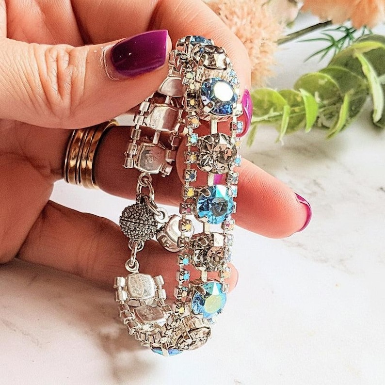 Blue Multi Faceted Crystal Rhinestone Bracelet-Bridal Jewelry-Child Size - - LadybugfeetDesigns -