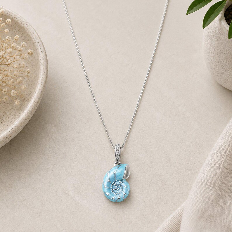 Blue Sea Snail Necklace, 20 inches - Silver - - LadybugfeetDesigns -