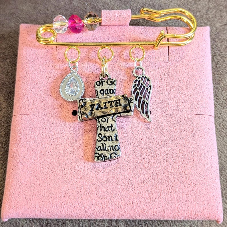 Faith Safety Pin Brooch, Purse Charm - - LadybugfeetDesigns -