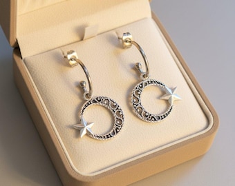 Fancy Crescent Moon Star Hoop Earrings, Silver - 16mm