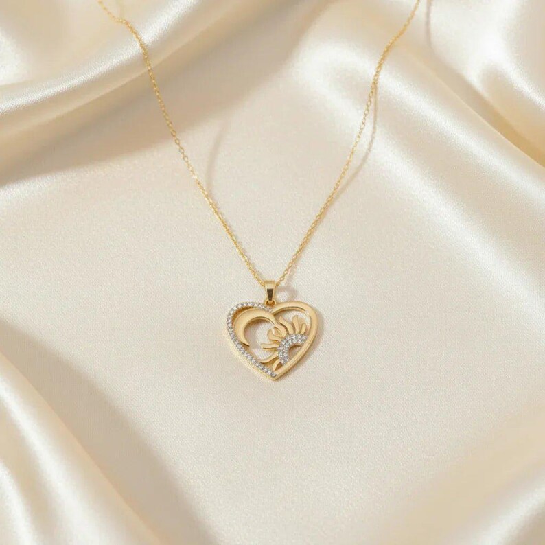 Sun Moon Heart necklace, Gold - 20 inch - - LadybugfeetDesigns -