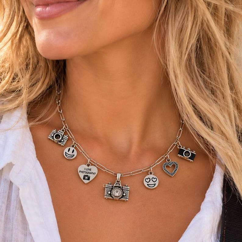 I Love Photography Multi Charm Link Necklace, Silver - 20 inch - - LadybugfeetDesigns -