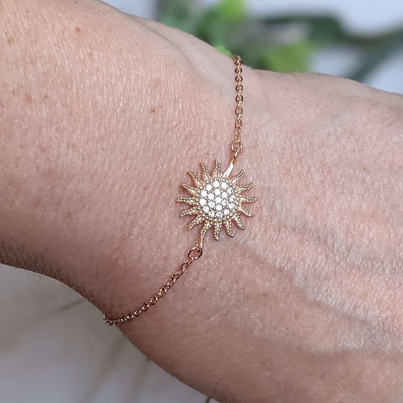 CZ Diamond Starburst Sun Rose Gold Chain Bracelet - - LadybugfeetDesigns -