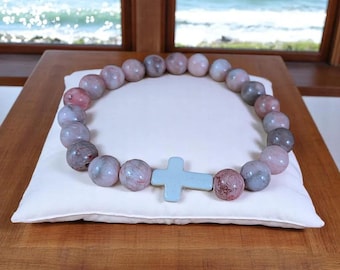 Pink Zebra Jasper Beaded Cross Stretch bracelet