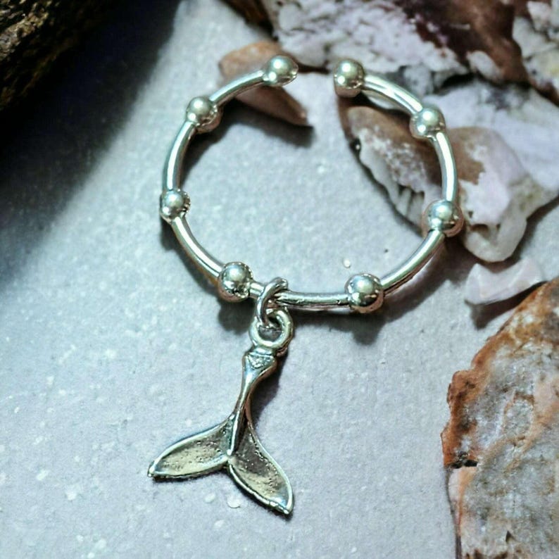 Sterling Silver Whale Tail Adjustable Charm Ring - - LadybugfeetDesigns -