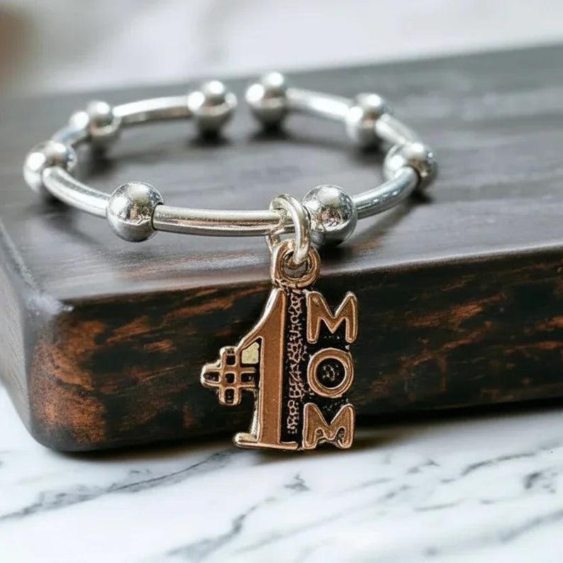 1 Mom Sterling Silver Adjustable Charm Ring - - LadybugfeetDesigns -