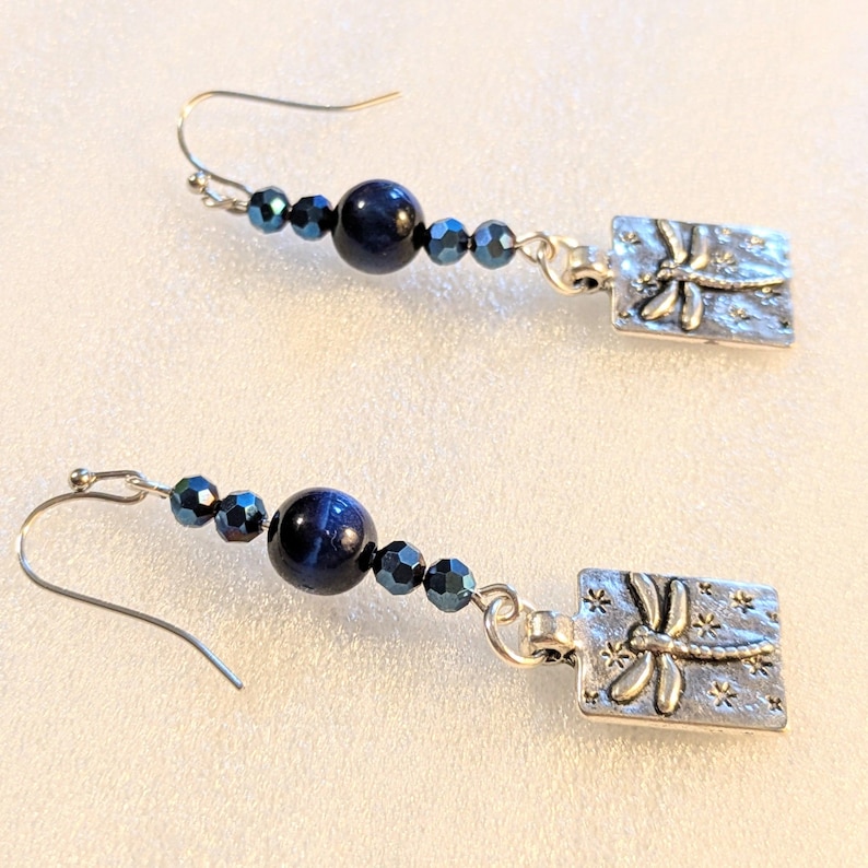 Blue Tiger's Eye Beaded Dragonfly Earrings - - LadybugfeetDesigns -