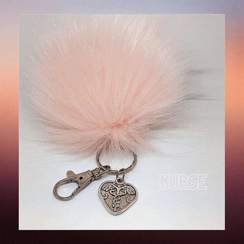 Nurse-Medical Worker Keychain/Faux Fur Pom Pom Charm Key Chain-Purse Charm/Journal Charm - - LadybugfeetDesigns -