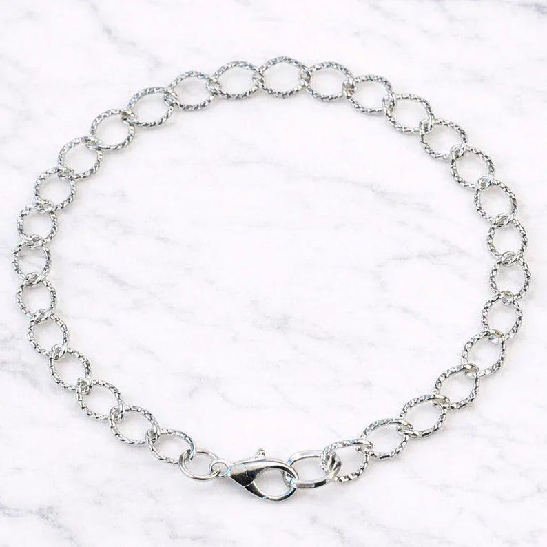Bright Silver Textured Oval Link Charm Bracelet Base - D.i.y. - Build Your Charm Bracelet! - - LadybugfeetDesigns -
