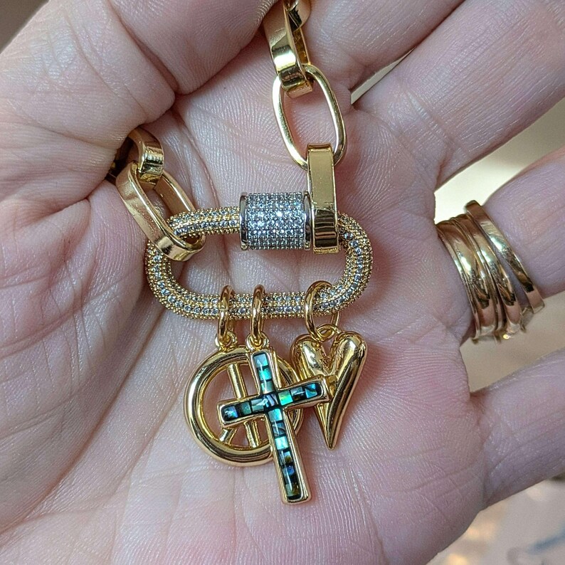 Peace & Love Carabiner Necklace, Gold - Adjusts up to 20 inches - - LadybugfeetDesigns -