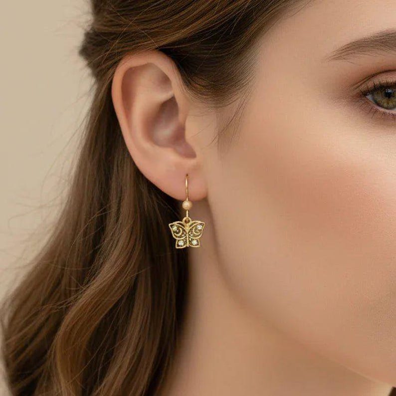 Celestial Butterfly Gold dangle earrings - - LadybugfeetDesigns -
